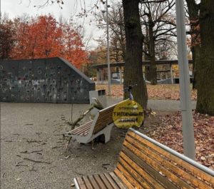 На фотографии запечатлена общественная площадка в осеннем парке с лавочками и скалодромом, где на одну из деревянных скамей упала крупная сломанная ветка дерева, перегородив сиденье.